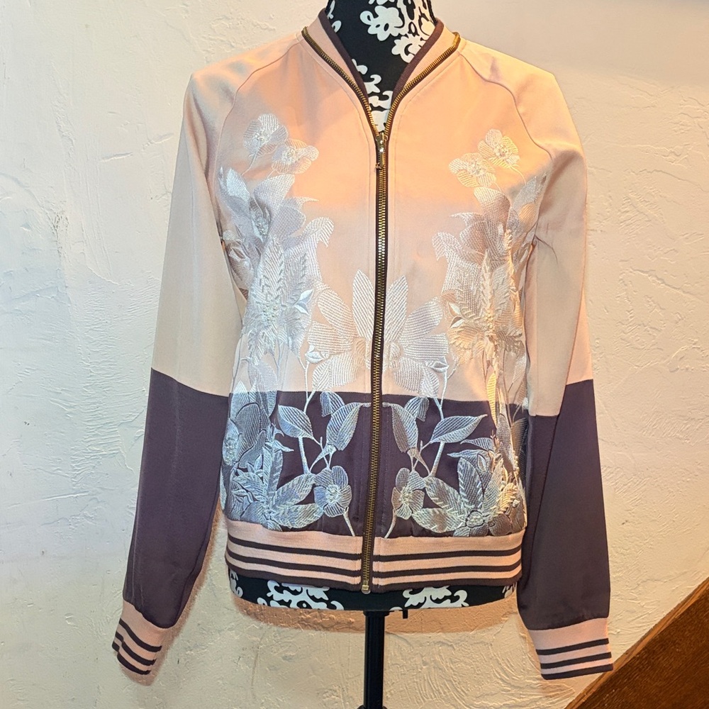Juicy Couture Bomber Jacket Floral Embroidered Coral/ Blush Women's Size XS
